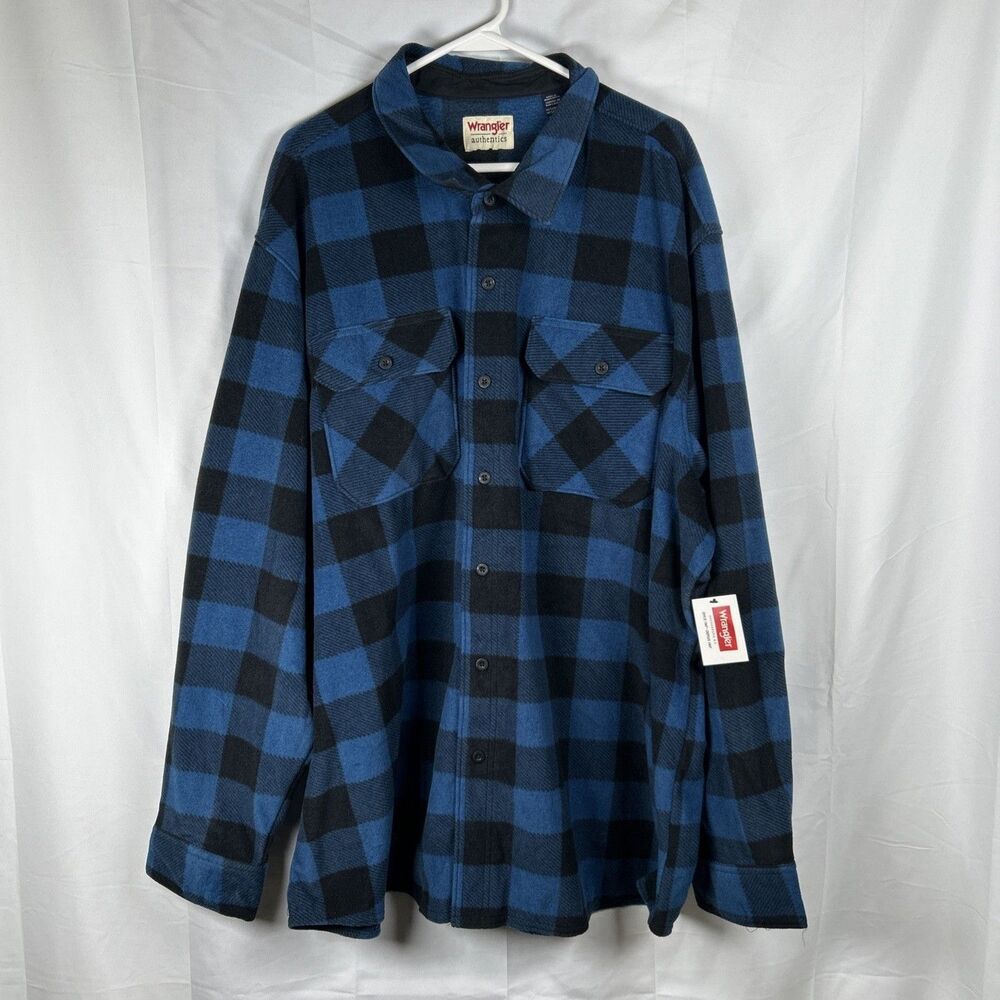 Wrangler Fleece Buffalo Plaid Shirt Mens 3XL Blue Black Soft Shacket Flannel